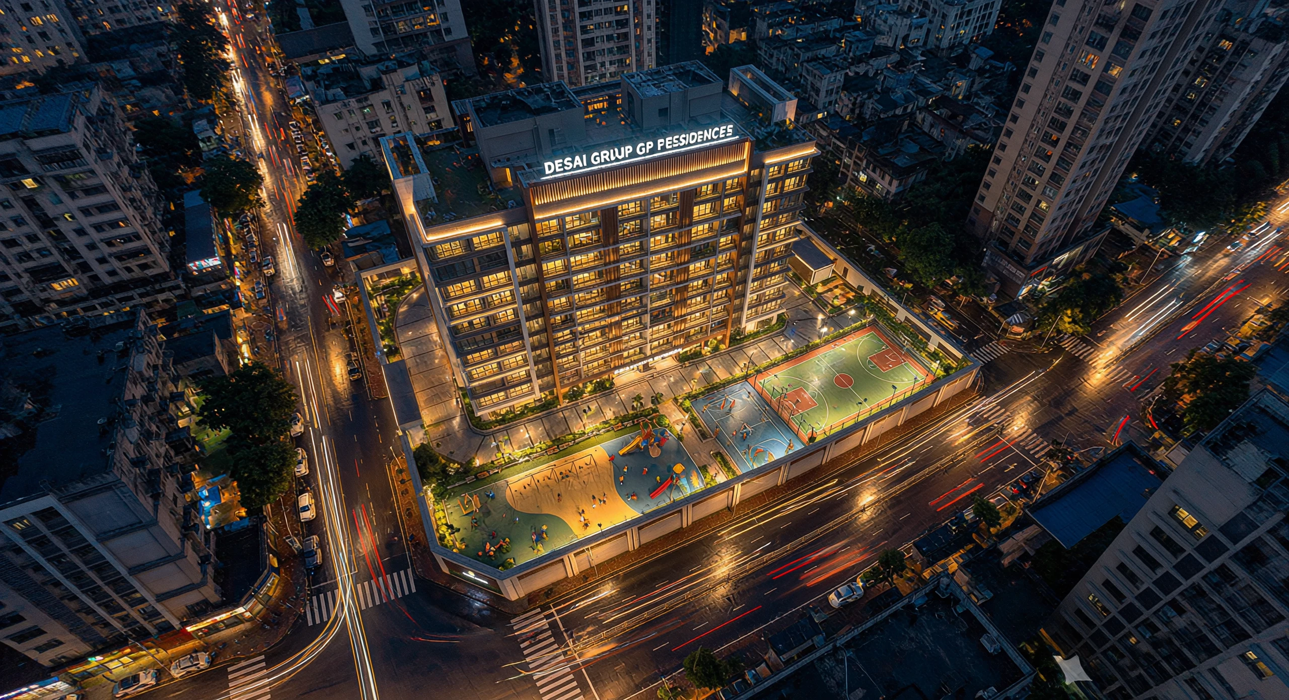 Aerial Twilight Masterplan of Multi-Story Residential Tower with Illuminated Sports Courts and Avenue Traffic